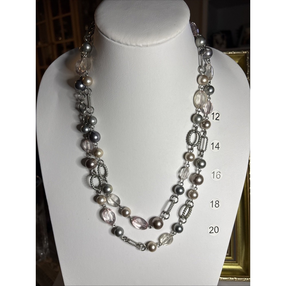 Premiere Designs Long Gray Faux Pearl Pink Beaded Necklace